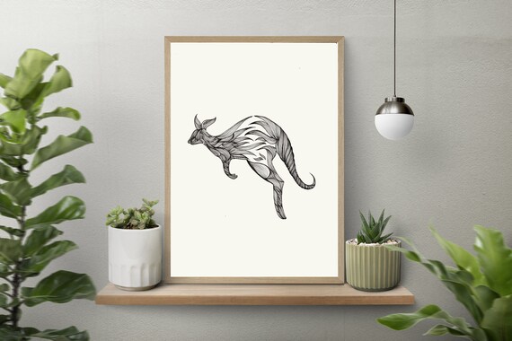 Jumping Australian Kangaroo Art Black And White Intricate Line Modern Surreal