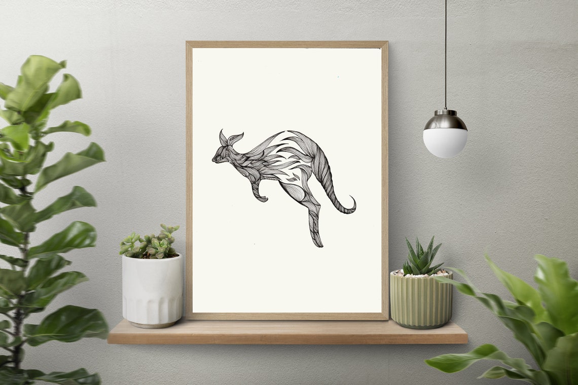Jumping Kangaroo Line Art Print Intricate Black And White Drawing