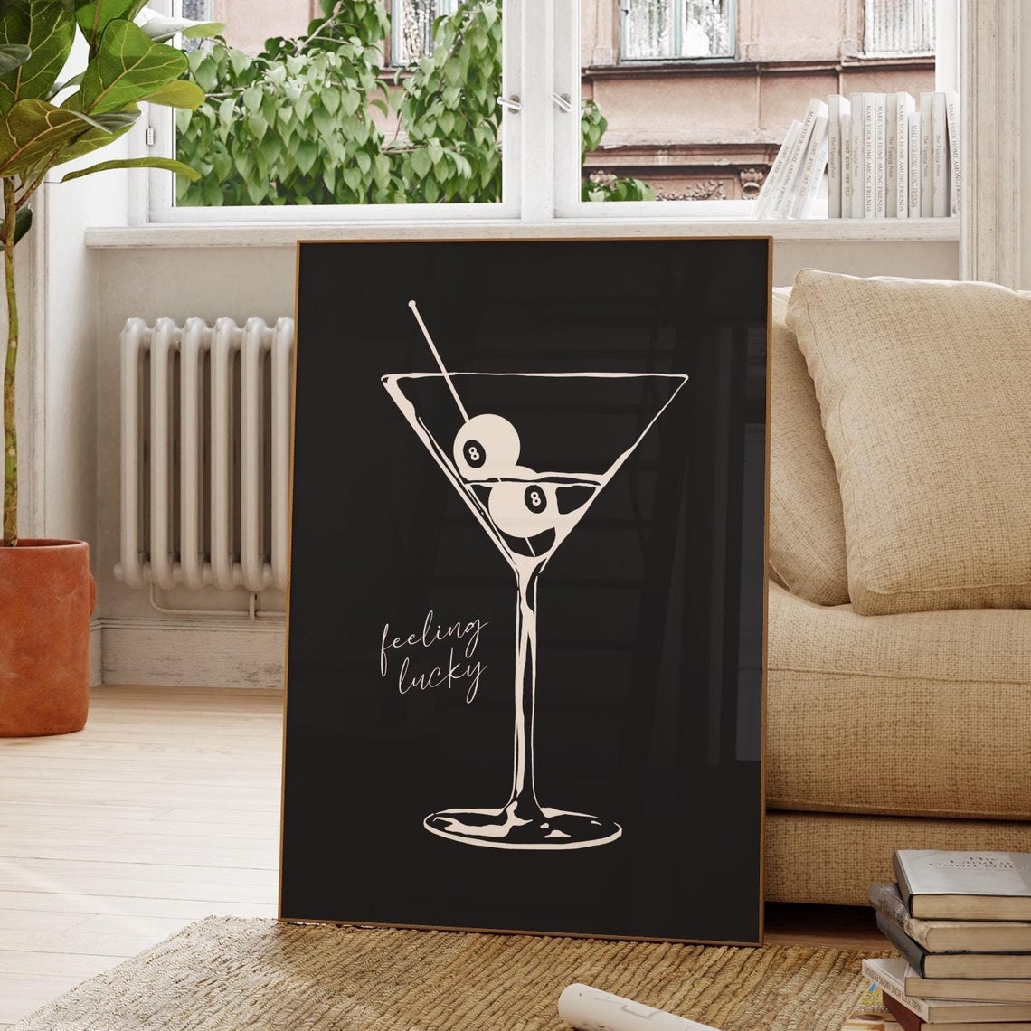 Feeling Lucky Martini Glass With Eight Ball Olives Black Poster