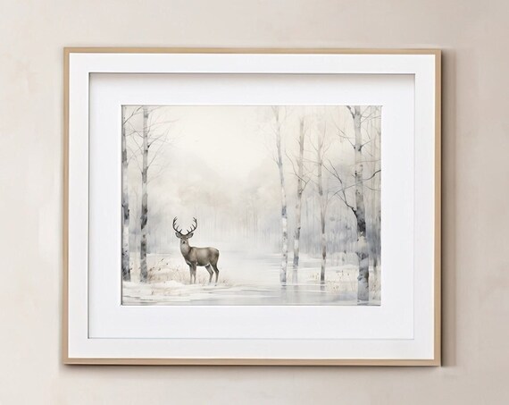 Winter Buck Deer Misty Birch Forest Snow Minimalist Wall Art Poster