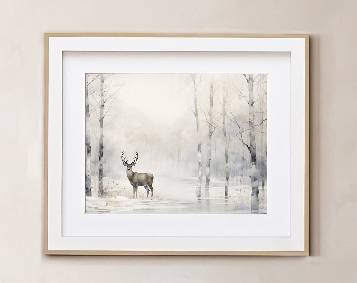 Winter Buck Deer Misty Birch Forest Snow Minimalist Wall Art Poster