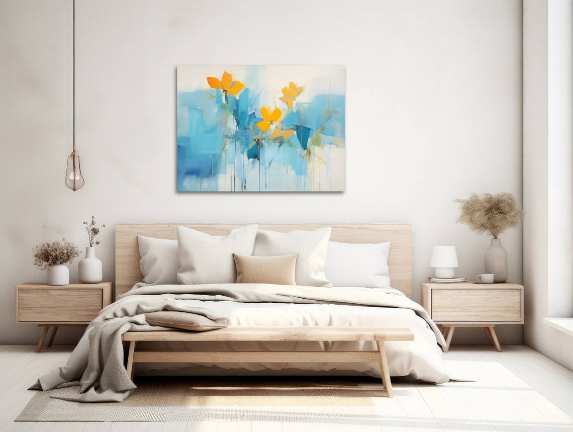Abstract Blue Wash Yellow Flowers Impressionist Floral Art Poster - Image 2