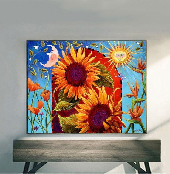 Sunflower Sun and Moon Celestial Wall Art Print