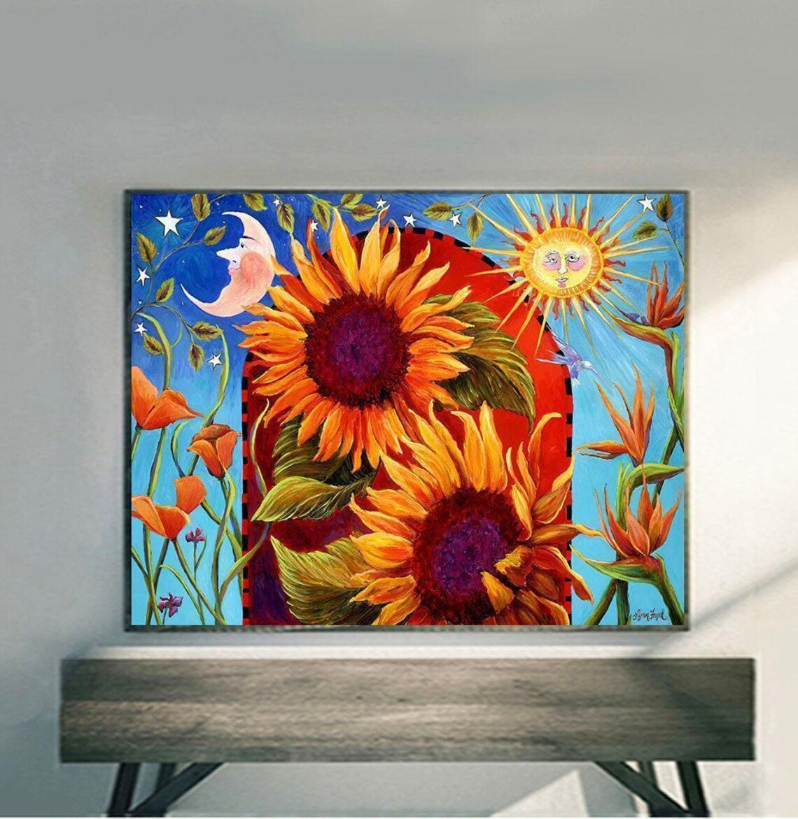 Sunflower Sun and Moon Celestial Wall Art Print