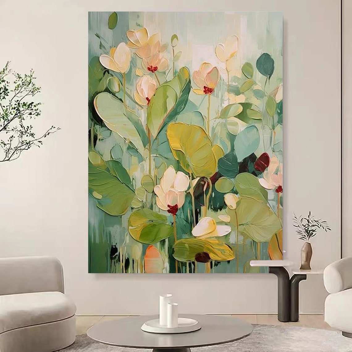 Original Garden Painting On 3dtexture Painting Green Wall Art Colorful Flower Painting Living Room Wall Art Teal Luxurious Floral Art - Image 5