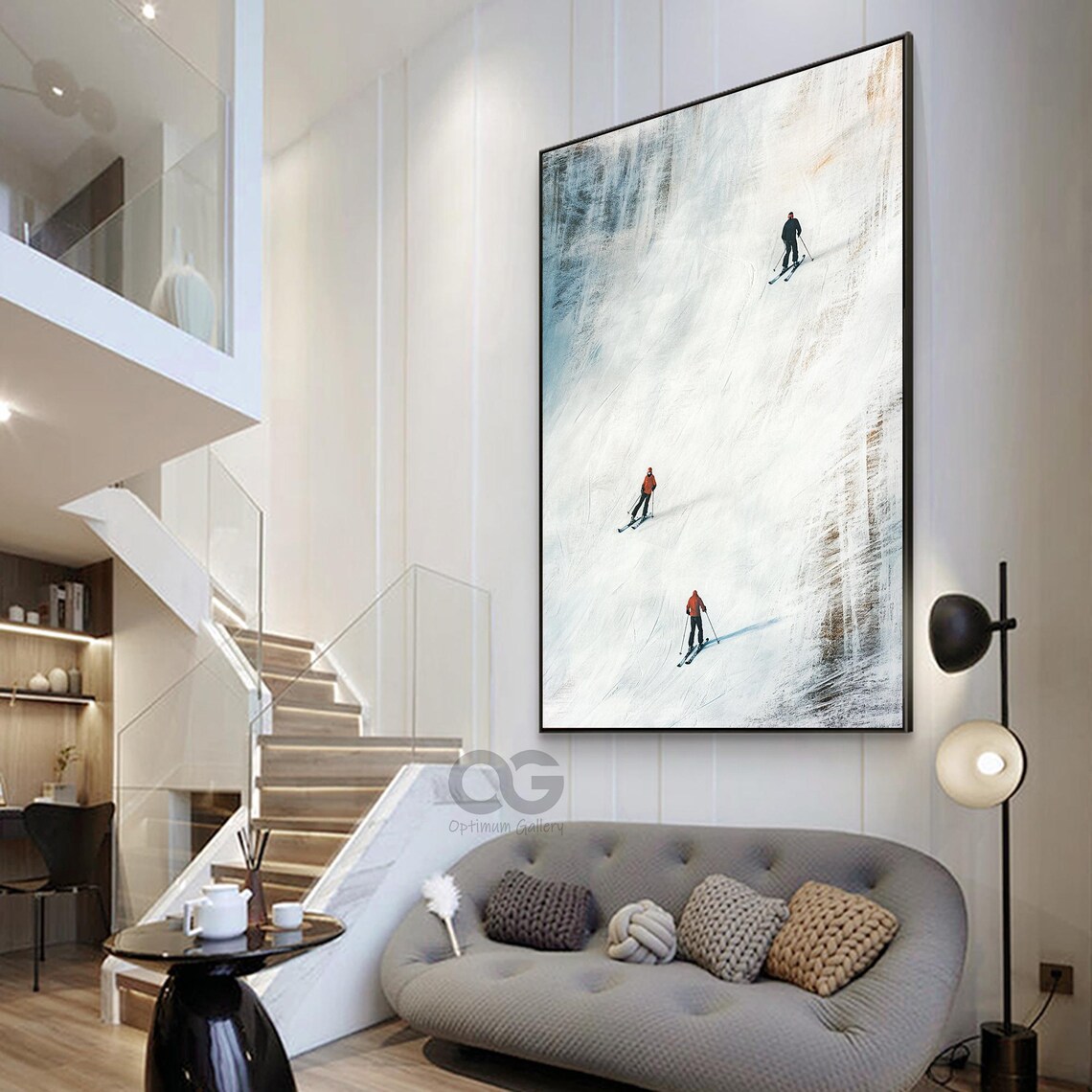 Three Skiers Blue Grey Textured Mountain Slope Winter Sport Art Poster - Image 3