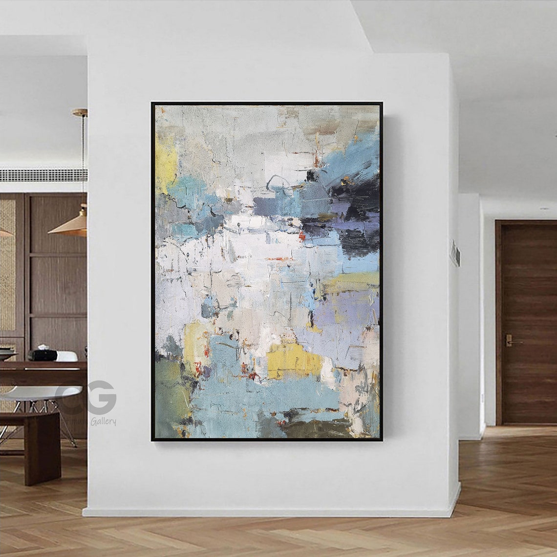 Blue Grey Yellow Abstract Textured Modern Vertical Oil Painting Poster - Image 4