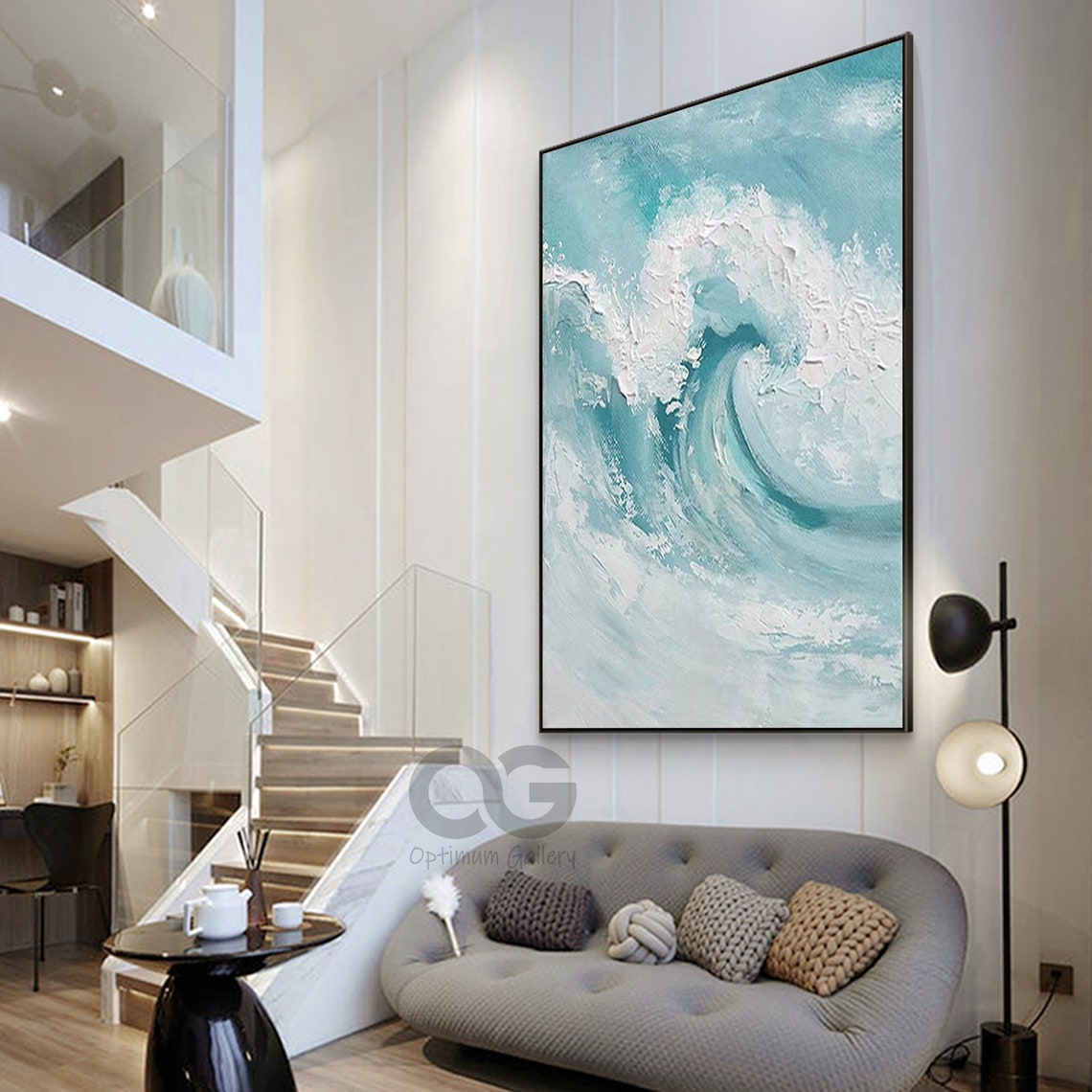 Turquoise Big Ocean Wave Curl White Foam Gold Framed Painting Wall Art - Image 4