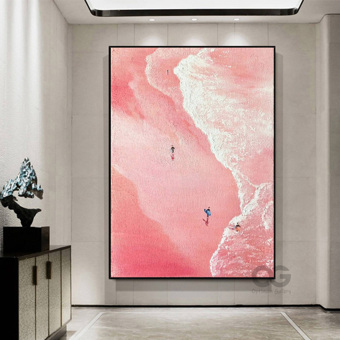 Pink Sand Beach White Foam Wave Tiny Surfers Vertical Art Poster - Image 5