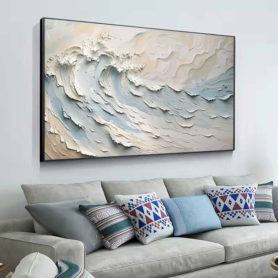 Cream White Curling Wave Blue Gray 3D Textured Gold Framed Painting Wall Art - Image 4