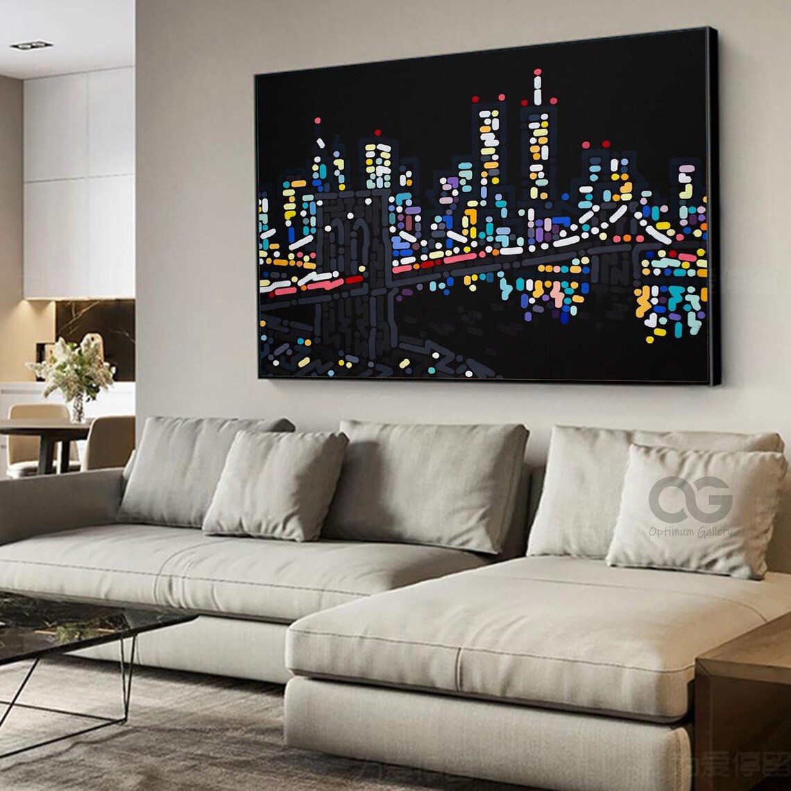 New York City Night Skyline Bridge Lights Pointillist Cityscape Poster - Image 2
