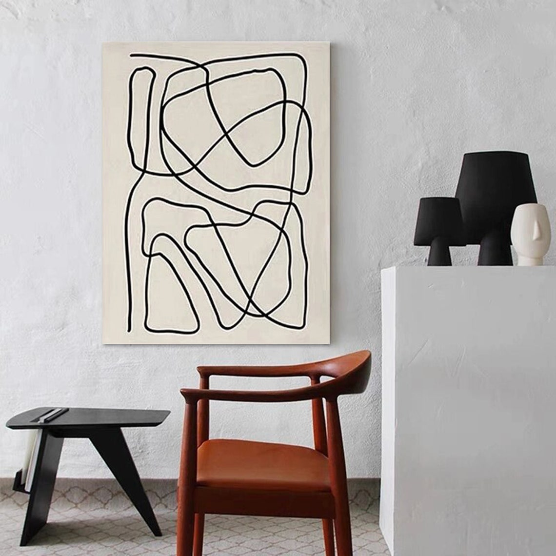 Black Continuous Line Abstract Cream Minimalist Scribble Art Poster - Image 2