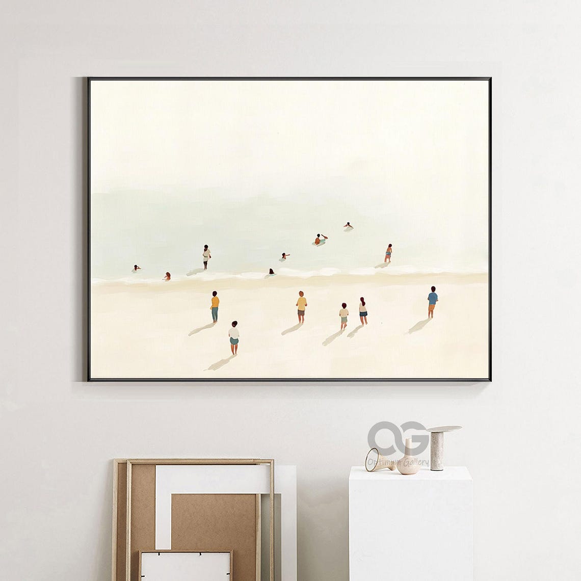 Tiny Swimmers Pale Sea White Sand Shore Minimalist Summer Scene Poster - Image 4