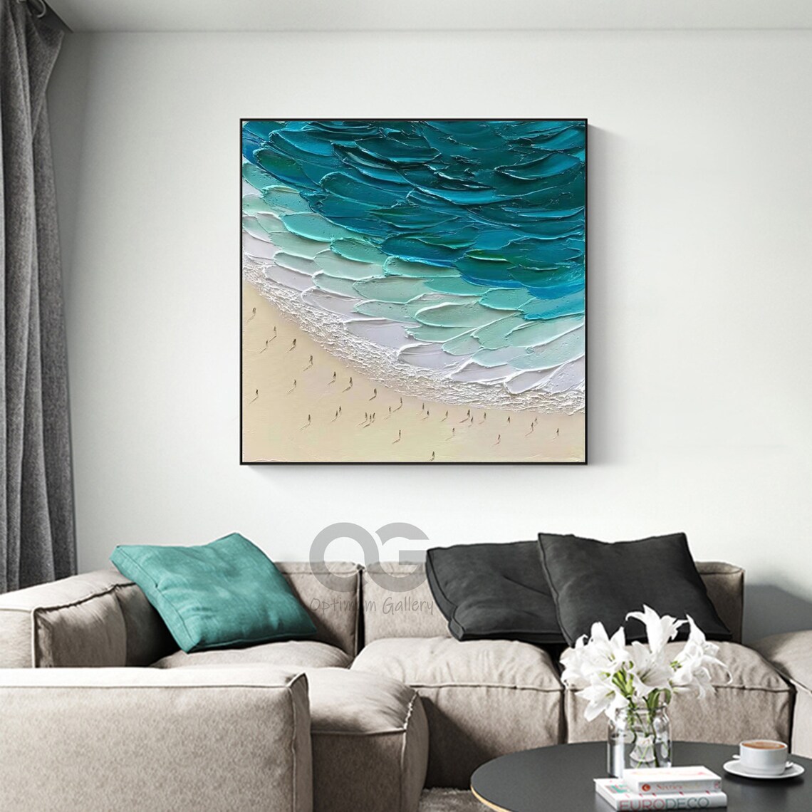 Turquoise Ocean White Beach Tiny Figures 3D Impasto Aerial Scene Poster - Image 2