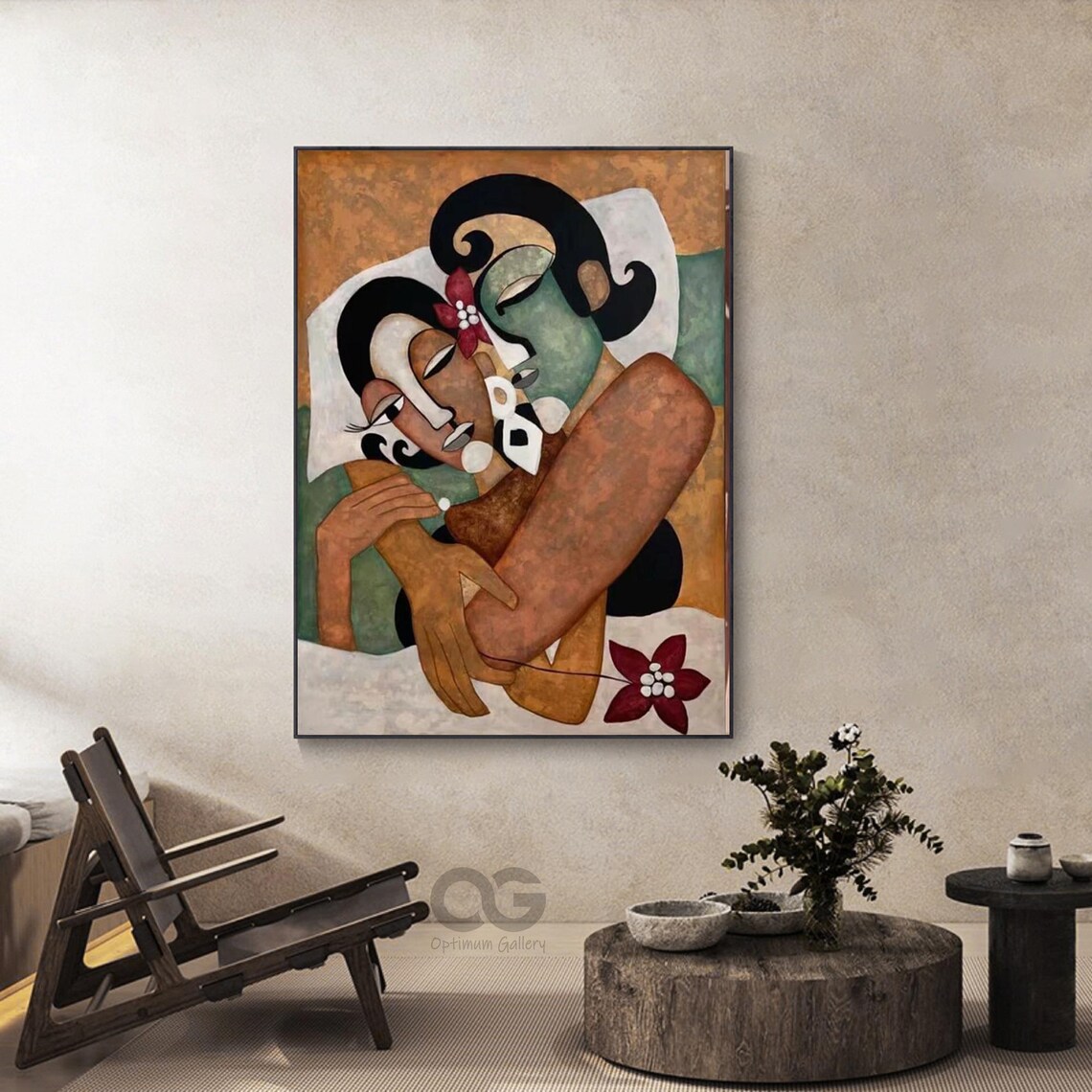 Embracing Couple Abstract Warm Earth Tone Closed Eyes Floral Art Poster - Image 3