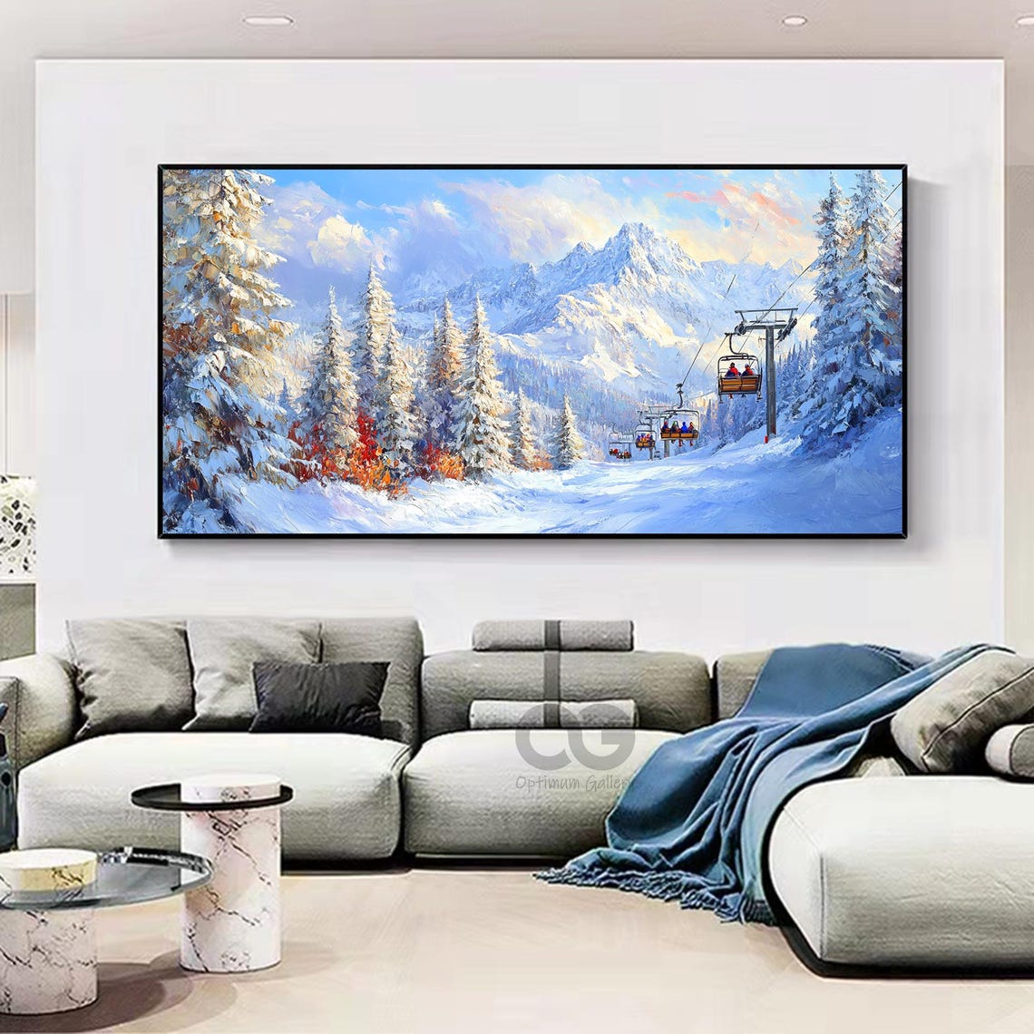 Chairlift Riders Snowy Pines Red Foliage Bright Mountain Ski Poster - Image 3