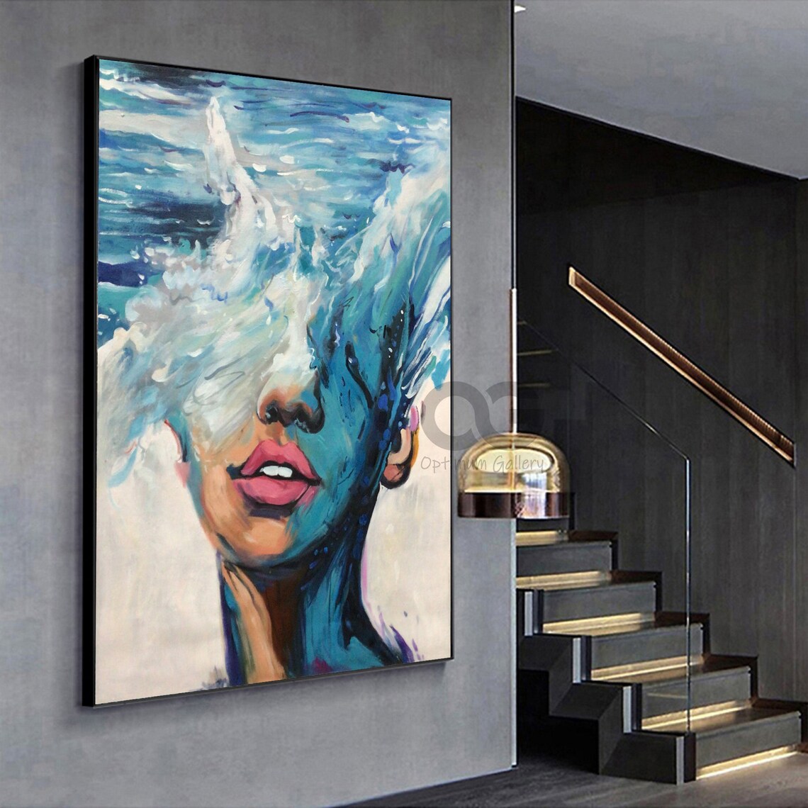 Ocean Wave Woman Face Abstract Blue Sea Painting Surreal Coastal Art Poster - Image 5