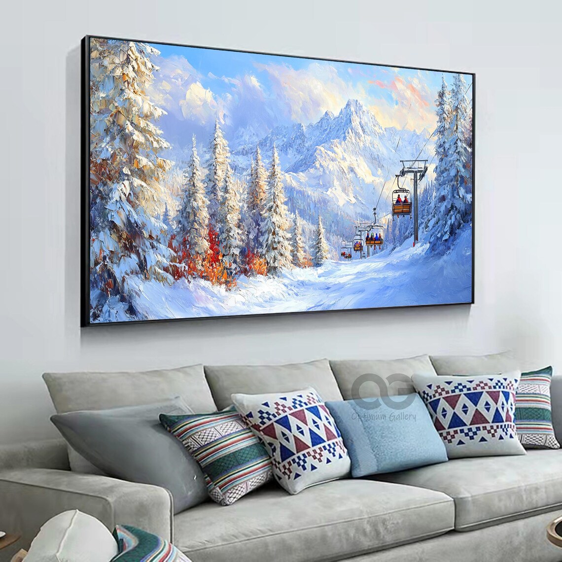 Chairlift Riders Snowy Pines Red Foliage Bright Mountain Ski Poster - Image 5