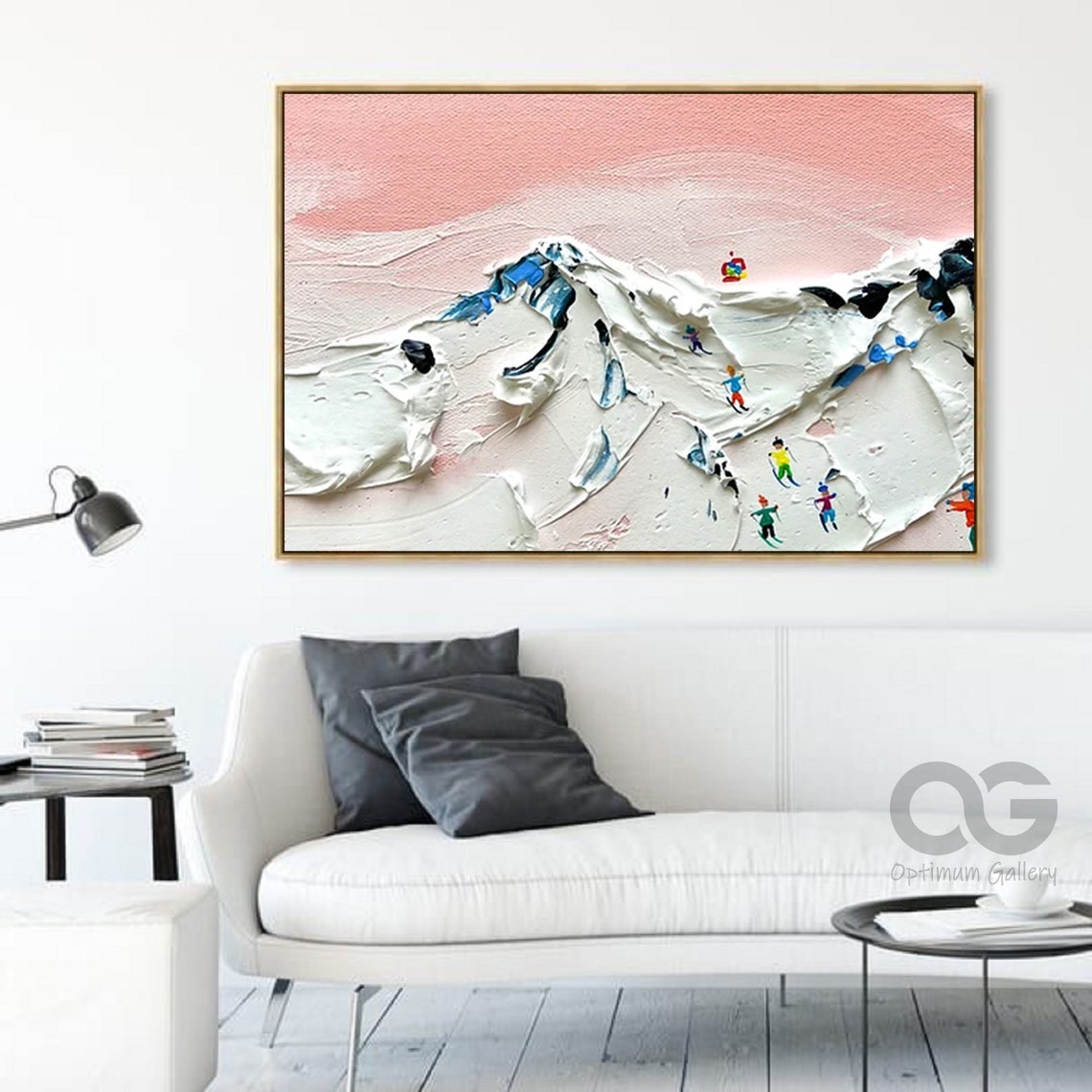 Pink Sky Snow Mountains Tiny Skiers Impasto Textured Winter Poster - Image 2