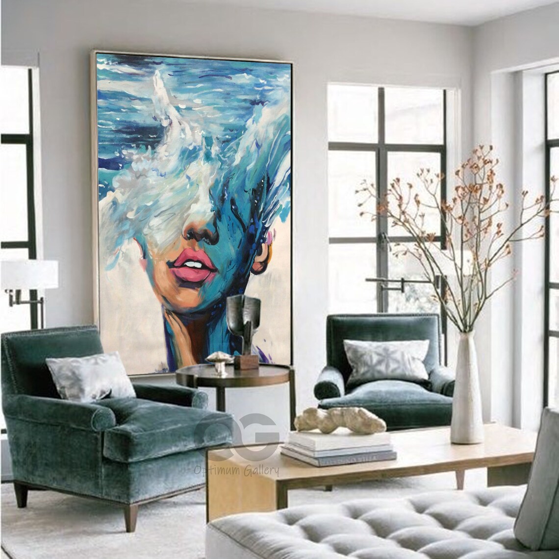 Ocean Wave Woman Face Abstract Blue Sea Painting Surreal Coastal Art Poster - Image 2