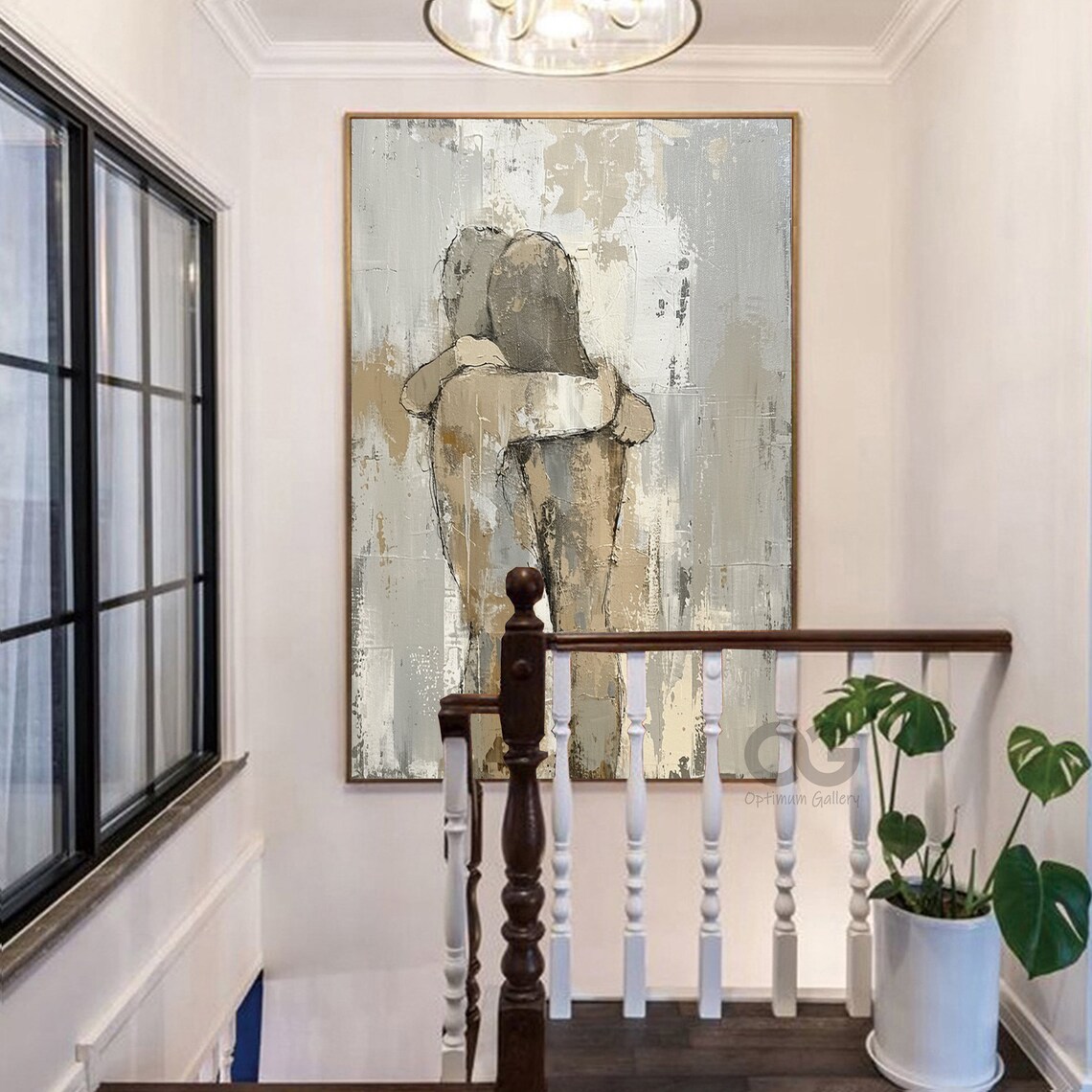 Lovers Embrace Abstract Beige Gray Figurative Romantic Couple Art Poster - Image 2