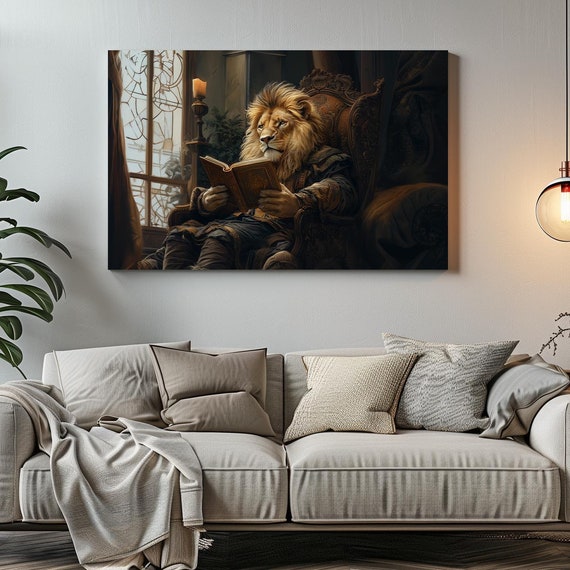 Reading Lion Maximalist Eclectic Victorian Print Bold Altered Animal Portrait Fantasy Fun Colorful Renaissance Rustic Art