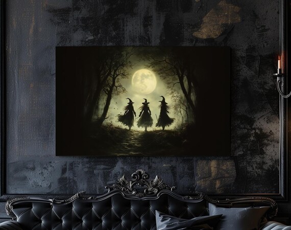 Three Witches Moonlit Forest Walk Spooky Gothic Halloween Poster