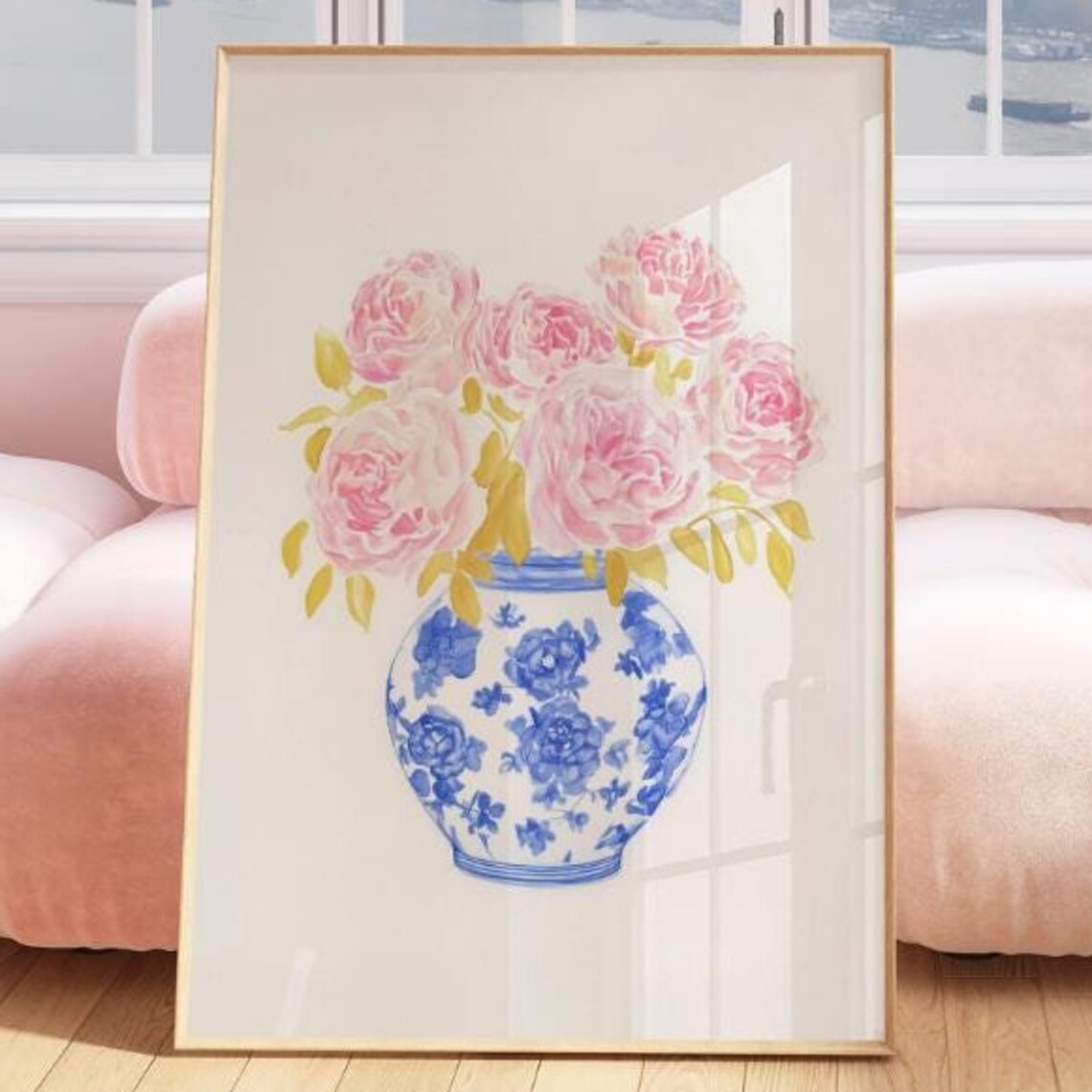 Pink Peonies Blue White Porcelain Vase Watercolor Floral Art Print