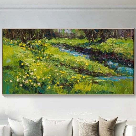 Spring Meadow Painting On Impasto Texture Wall Art Green Yellow Nature Art Modern River Art Vibrant Countryside Art Living Room Art