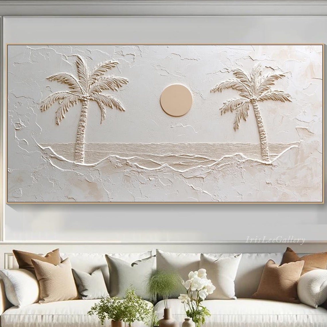 White Palm Tree Sun 3D Plaster Relief Coastal Wabi Sabi Wall Art