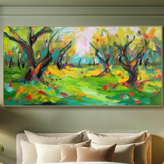 Colorful Forest Painting On Abstract Nature Texture Wall Art Vibrant Trees Art Modern River Art Large Modern Wall Art Living Room Art