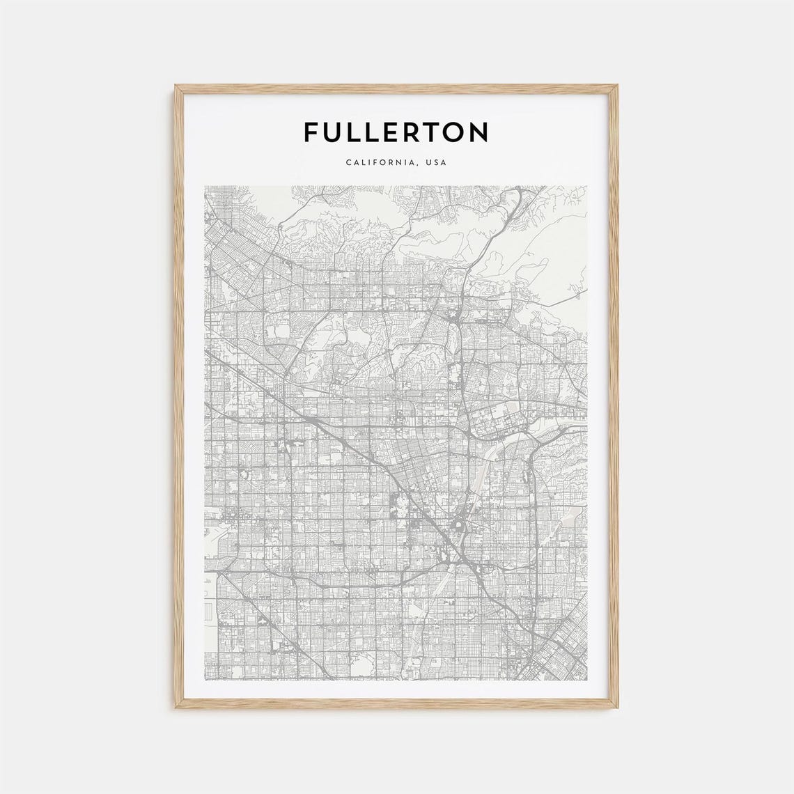 Fullerton California Minimalist Street Map Black and White Poster