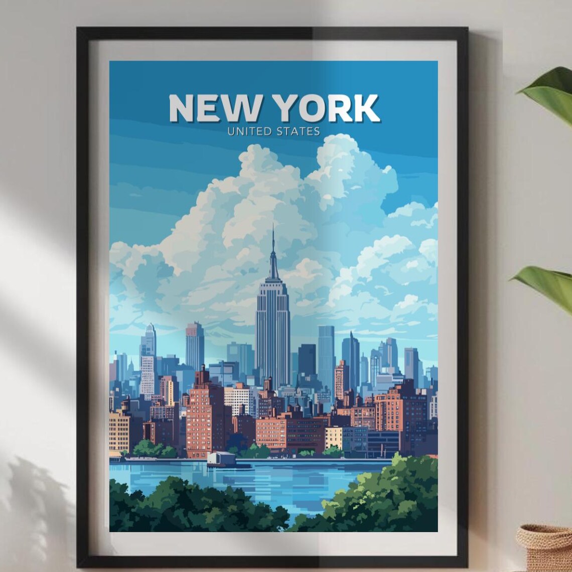 New York Manhattan Empire State Building Cityscape Blue Sky Travel Poster