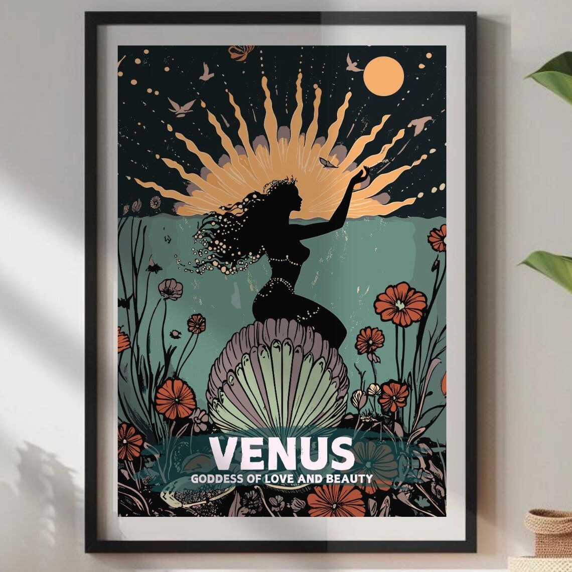 Venus Goddess Of Love And Beauty Sunrise Shell Silhouette Poster