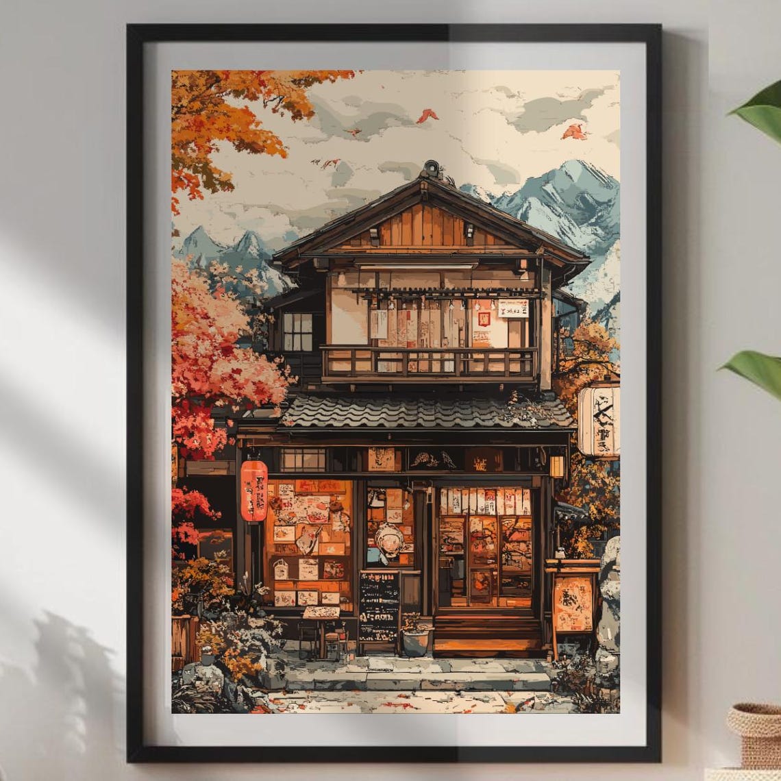 Cozy Japanese Izakaya Lanterns Autumn Mountain Street Poster