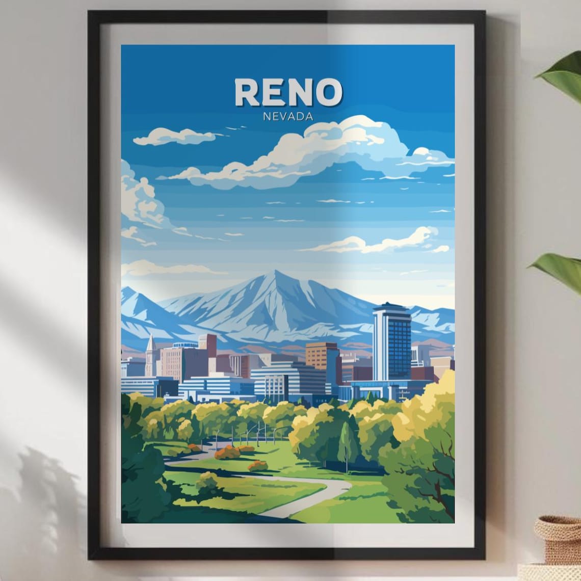 Reno Nevada Downtown Skyline Snowy Mountains Park Travel Poster