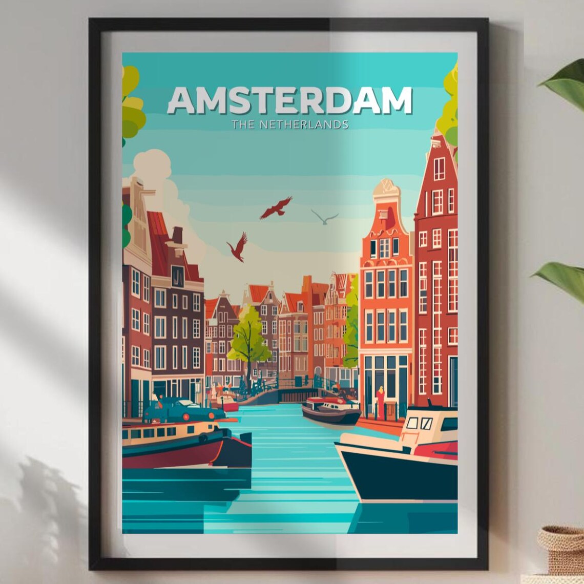 Amsterdam Netherlands Canal Houses Boats Retro Travel Poster