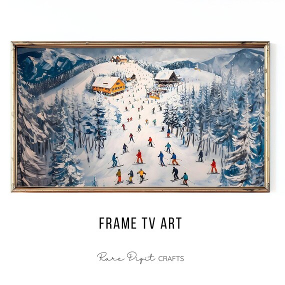Ski Resort Busy Slopes Alpine Lodge Snowy Pines Winter Art Poster