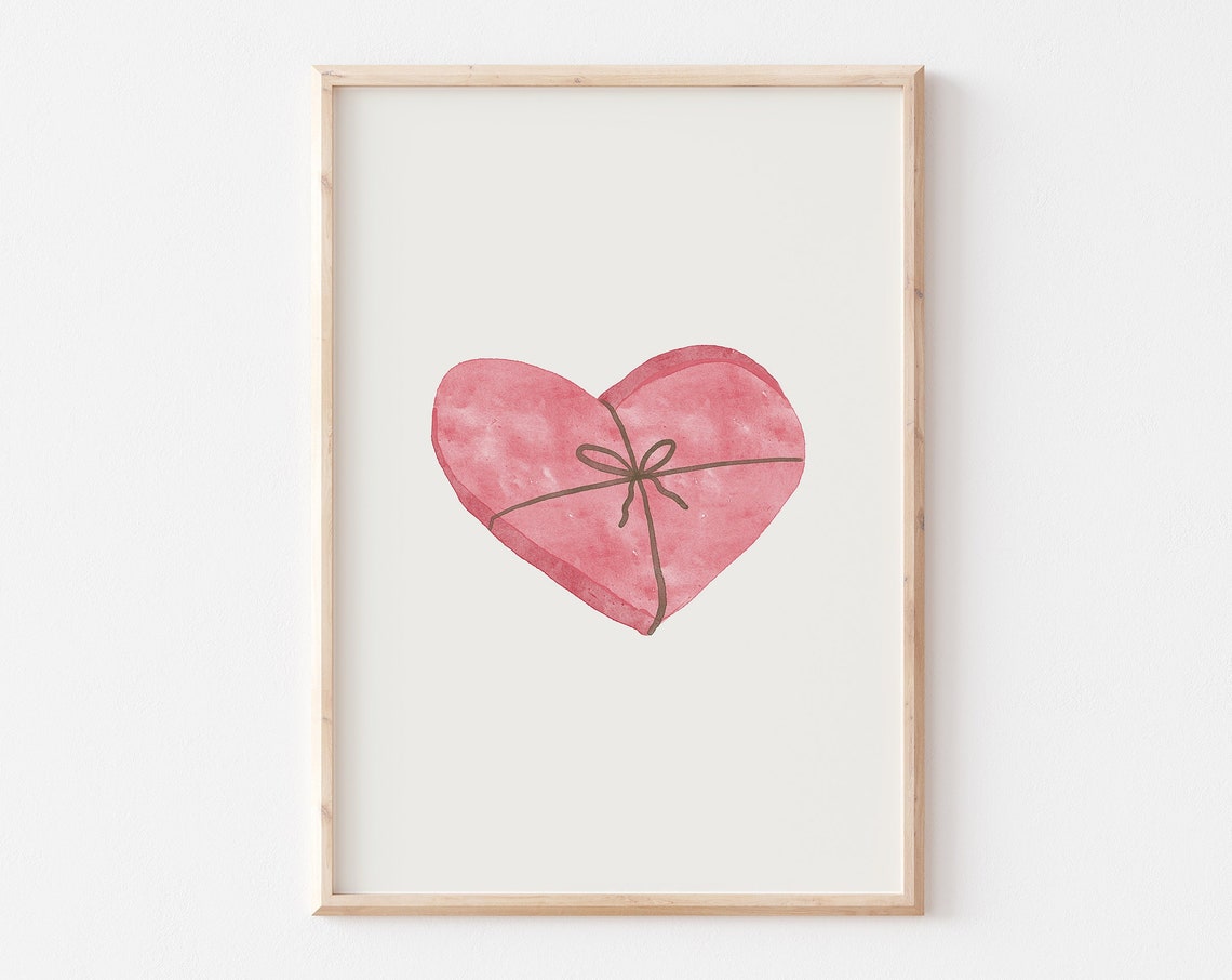 Pink Watercolor Heart Gift Box String Bow Minimalist Art Poster