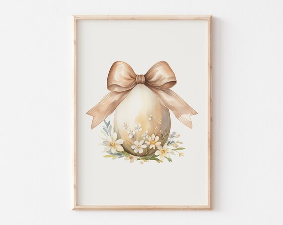 Champagne Gold Easter Egg With Satin Bow White Flowers Poster