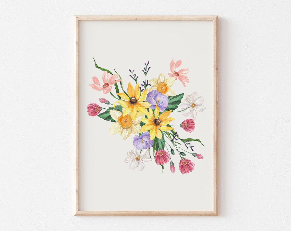 Yellow Daffodils and Wildflower Bouquet Watercolor Spring Poster