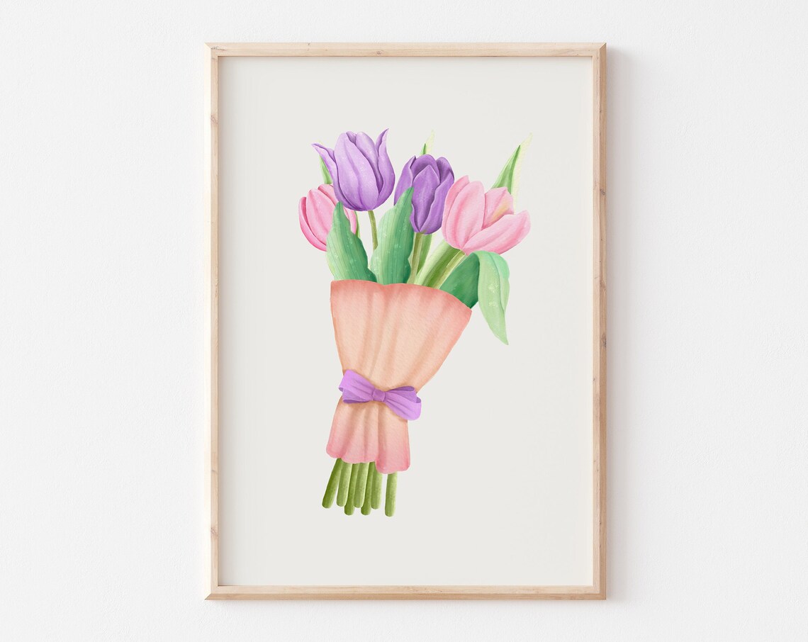 Pink and Purple Tulip Bouquet Wrapped in Paper Watercolor Poster