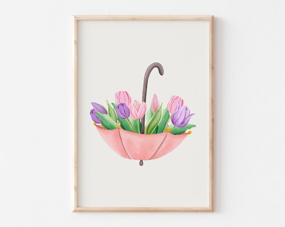 Floral Umbrella Art Watercolor Flower Print Spring Wall Art Spring Floral Wall Art Cute Spring Decor Pink Tulip Bouquet Print