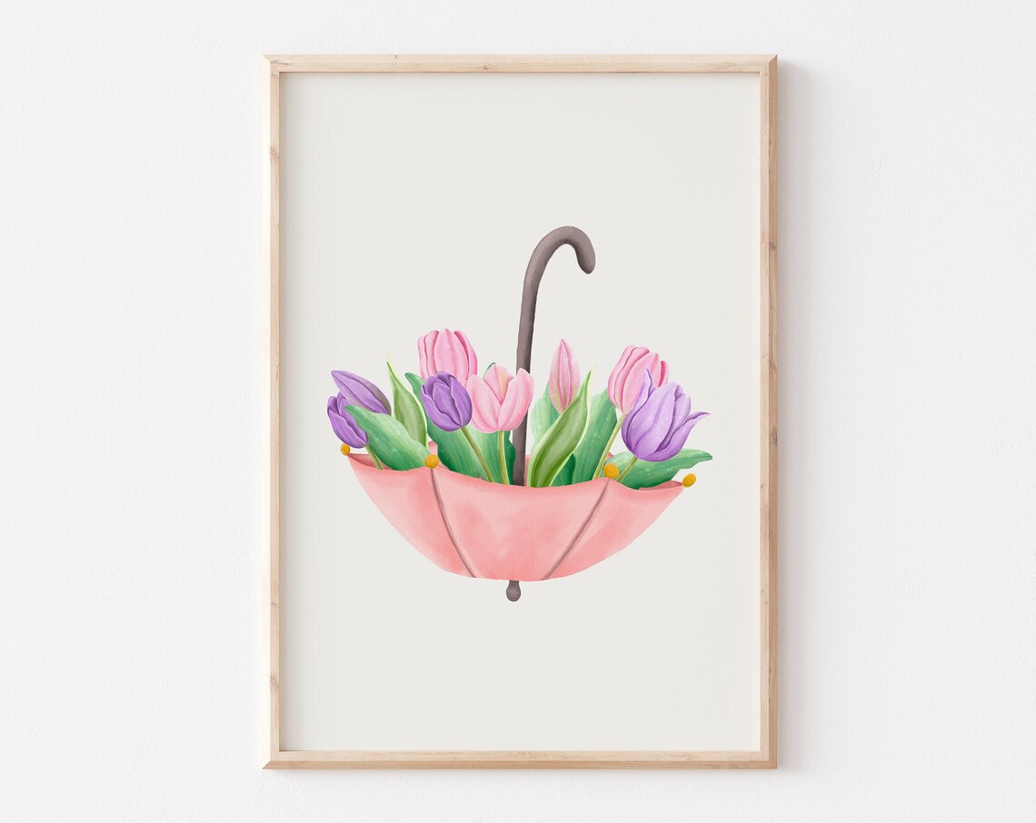 Pink Umbrella Filled With Tulips Watercolor Spring Flower Poster