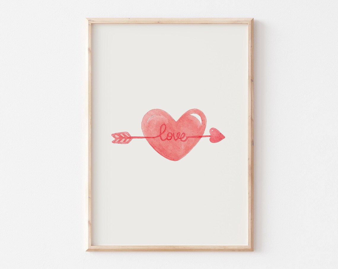 Love Heart and Arrow Minimalist Watercolor Valentine Art Poster