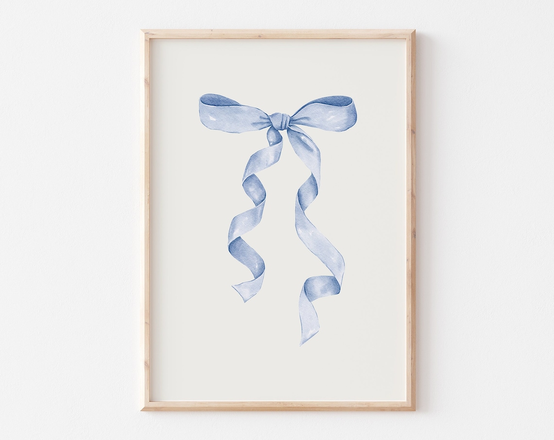 Blue Bow Nursery Art Print, Coastal Coquette Decor