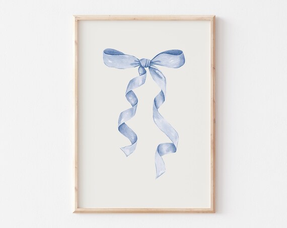 Blue Bow Nursery Art Print, Coastal Coquette Decor