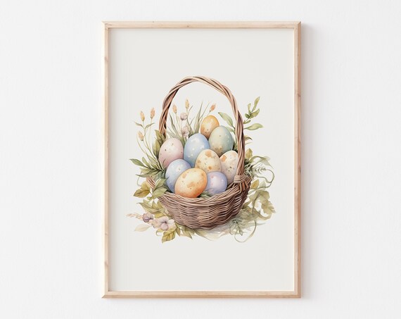 Wicker Basket Of Pastel Easter Eggs Rustic Watercolor Poster