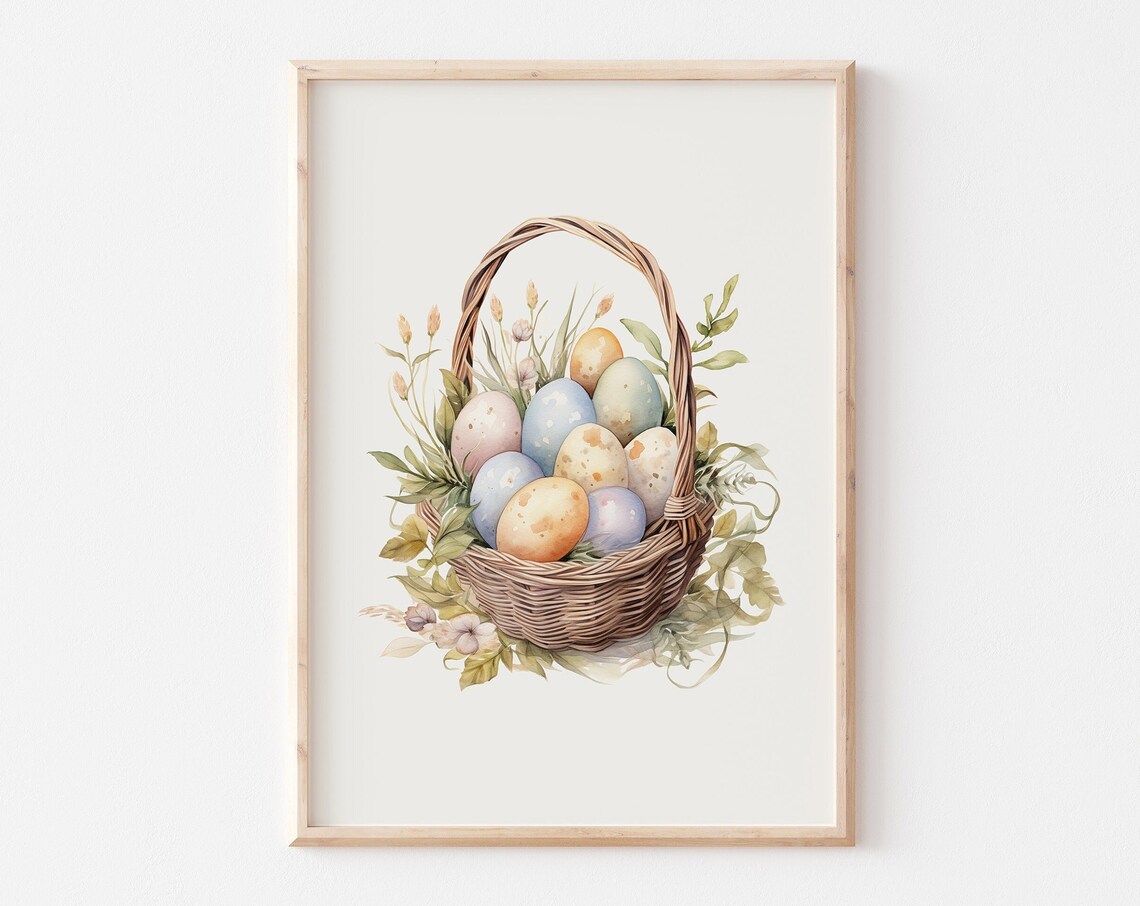 Wicker Basket Of Pastel Easter Eggs Rustic Watercolor Poster