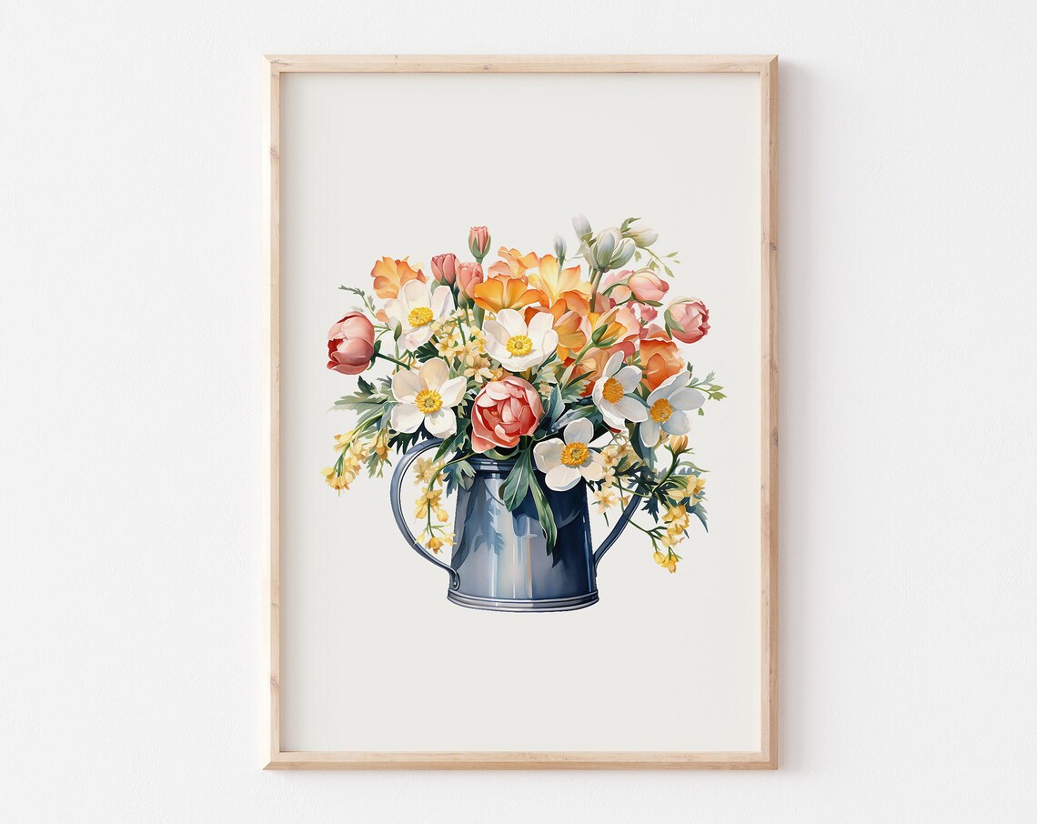Wildflower Bouquet In Blue Watering Can Watercolor Flower Poster